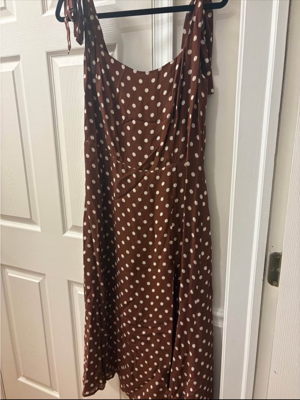 Reformation Brown Polka Dot Tie-Shoulder Midi Dress
